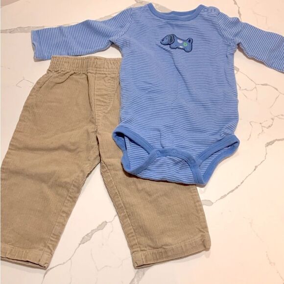 Carter’s | Boys Blue Striped Long Sleeve Onesie Tan CORDUROY Casual Pants - Picture 1 of 6